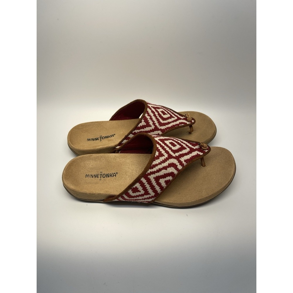 Minnetonka Women's Red White Thong Sandals Size 10 Boho Slip On Comfort - Picture 2 of 8